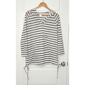 Kona Sol Stripe Hoodie Swim Cover Shirt Mini Dress M Blue White Striped